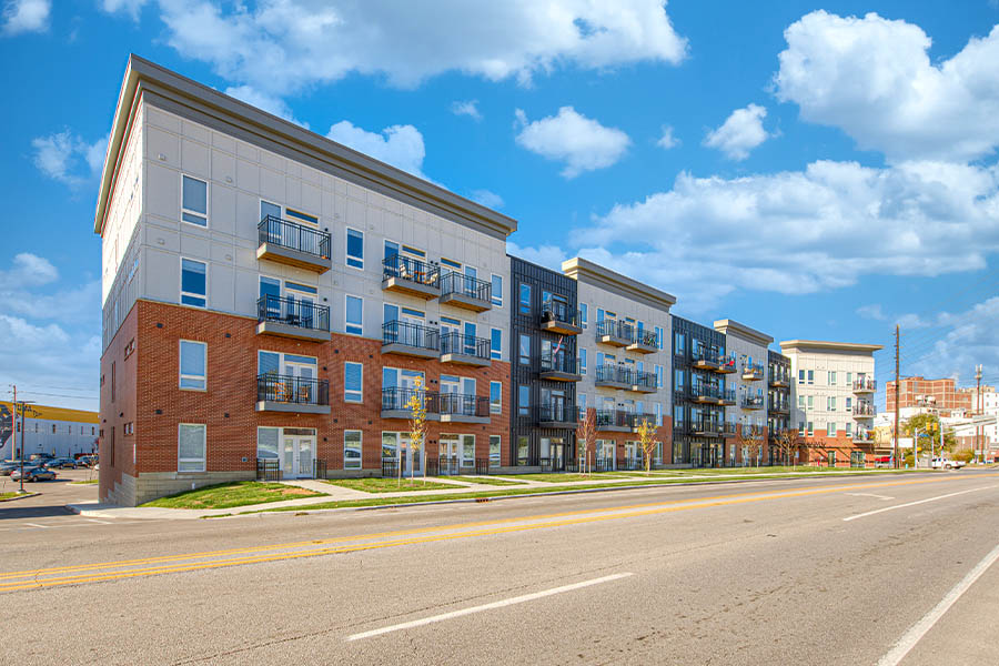 xterior of Riverview apartments during the daytime.