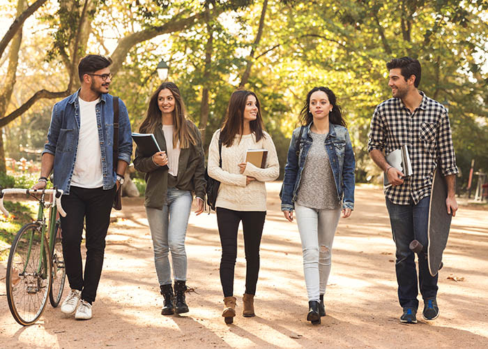 College students walking together.